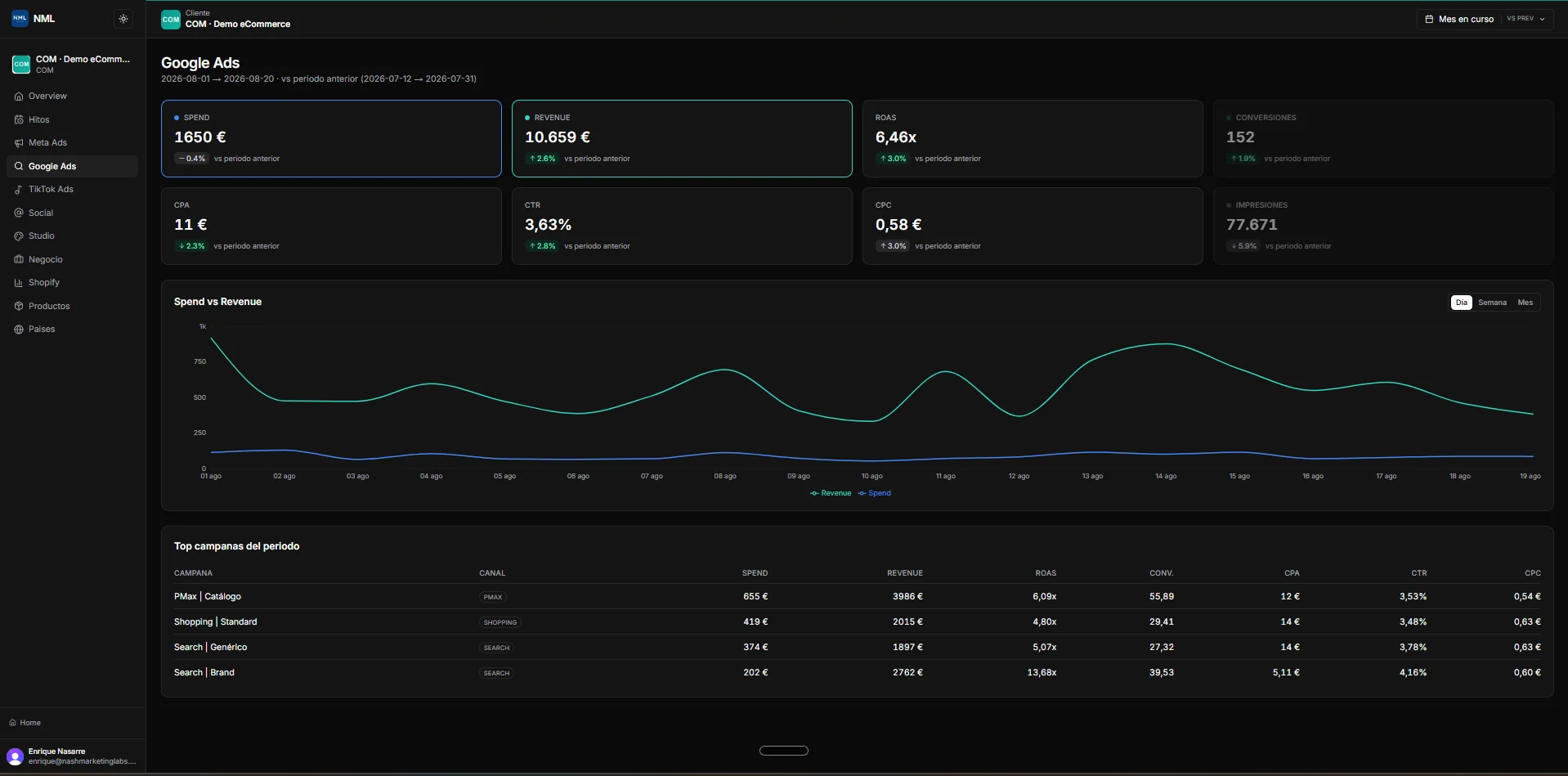 Portal NML: panel de Google Ads de una cuenta demo, con spend, revenue, ROAS y top campañas